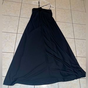 Vintage 70s Leslie J black maxi dress thin straps wide flowy dress